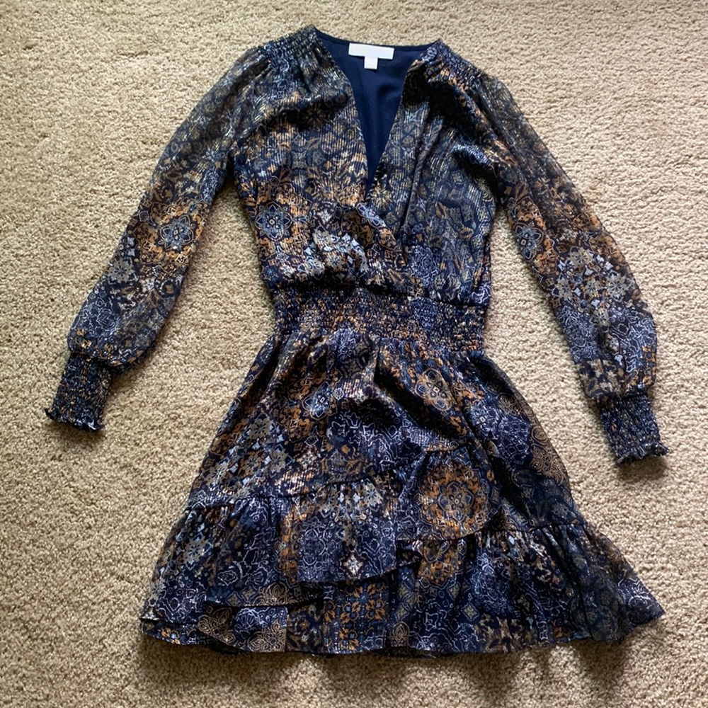 Michael Kors Dress. Petite Small. Navy/Marigold print. New Condition!